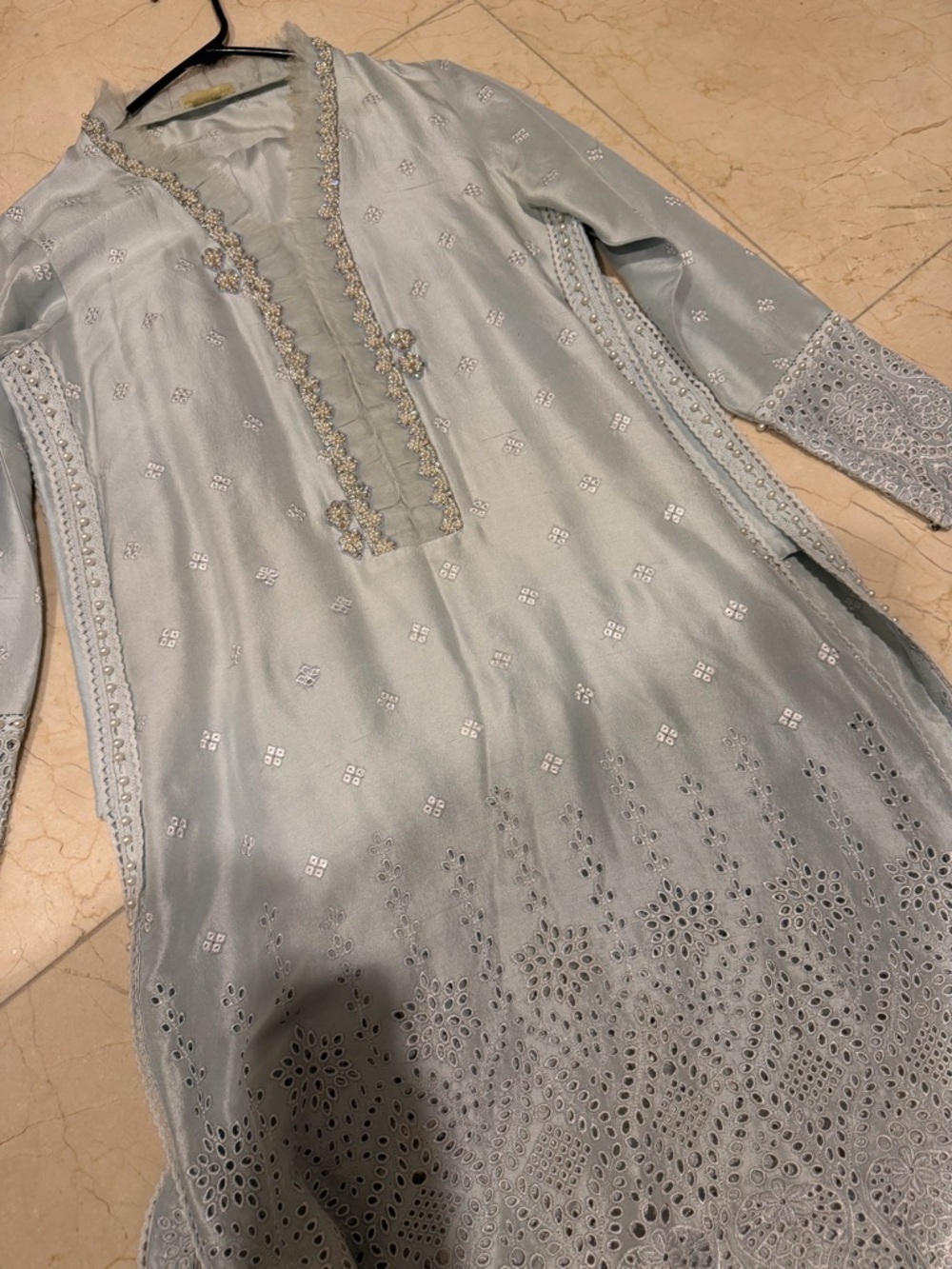Farah Talib Aziz Daphne Shirt, Trouser and Dupatta in Ice Blue Size Medium - Picture 8 of 9